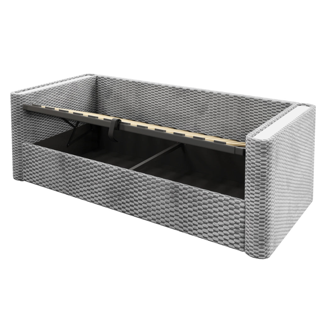 Divano letto 90x200 cm in velluto con contenitore idraulico e LED