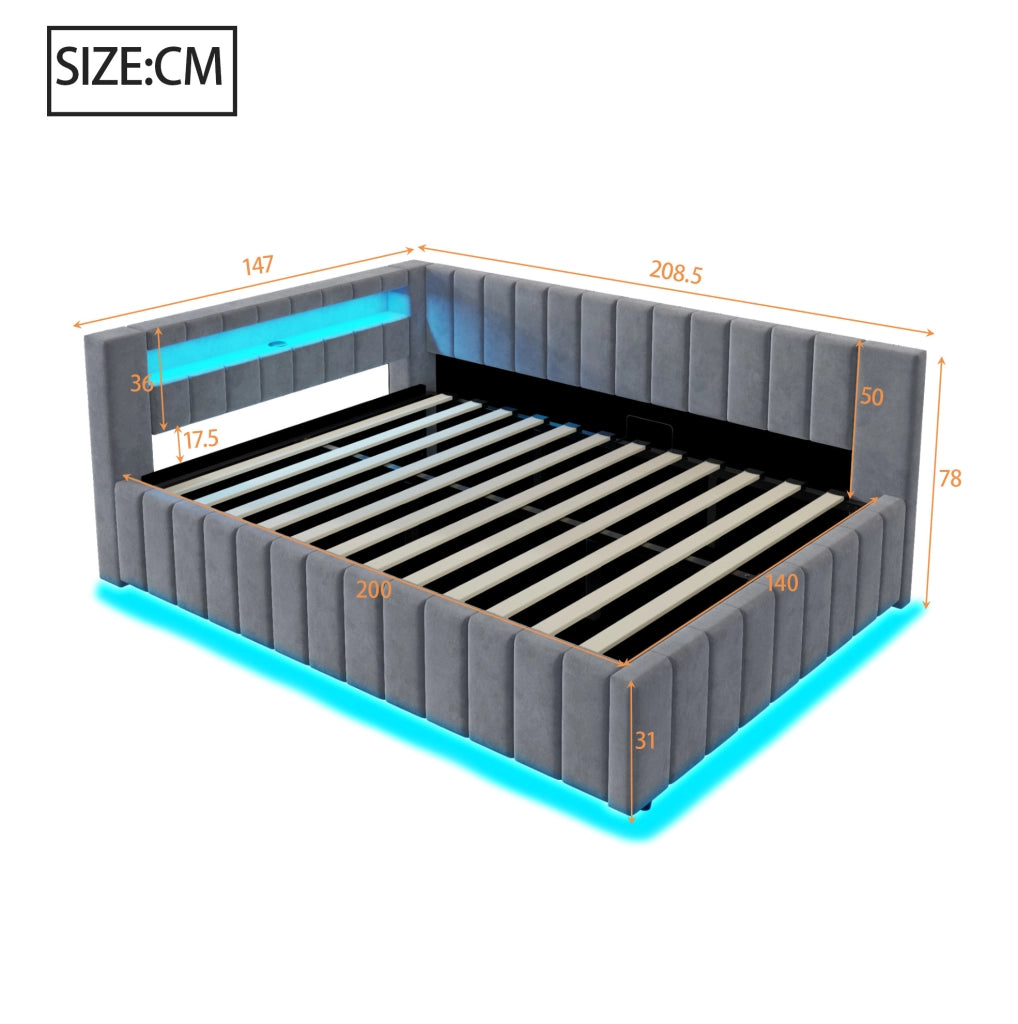 LETTO Contenitore 140x200 cm in velluto grigio con LED e USB