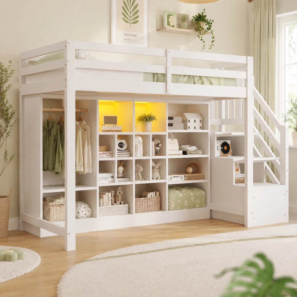 LETTO A Soppalco 90x200 cm in Legno Bianco con Armadio, Ripiani e LED