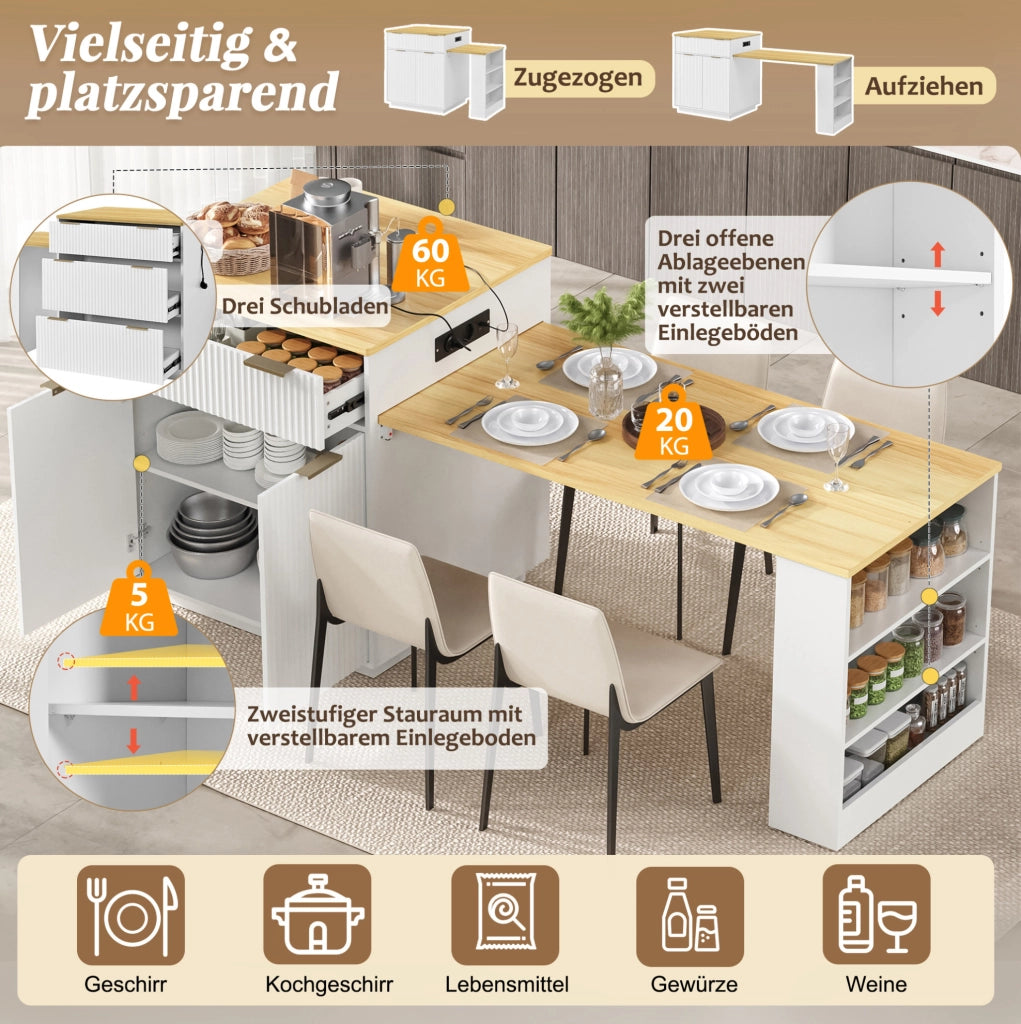 Isola cucina con tavolo estraibile, LED e prese USB, bianca
