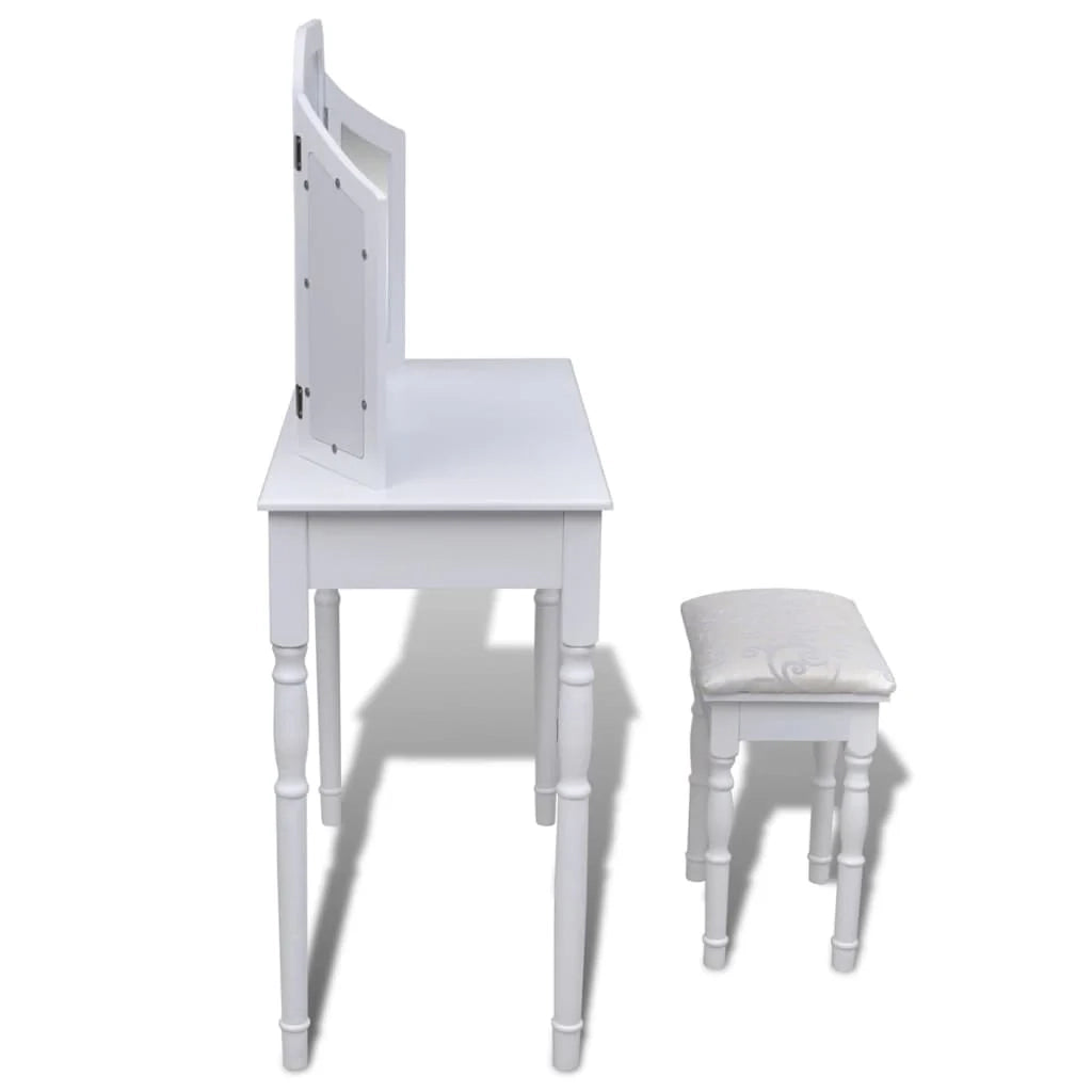 Toeletta dal design contemporaneo tavolo da trucco mobile da camera da letto con specchio e sgabello 80 x 40,5 x 74,5 cm 2 cassetti bianco 02_0021276