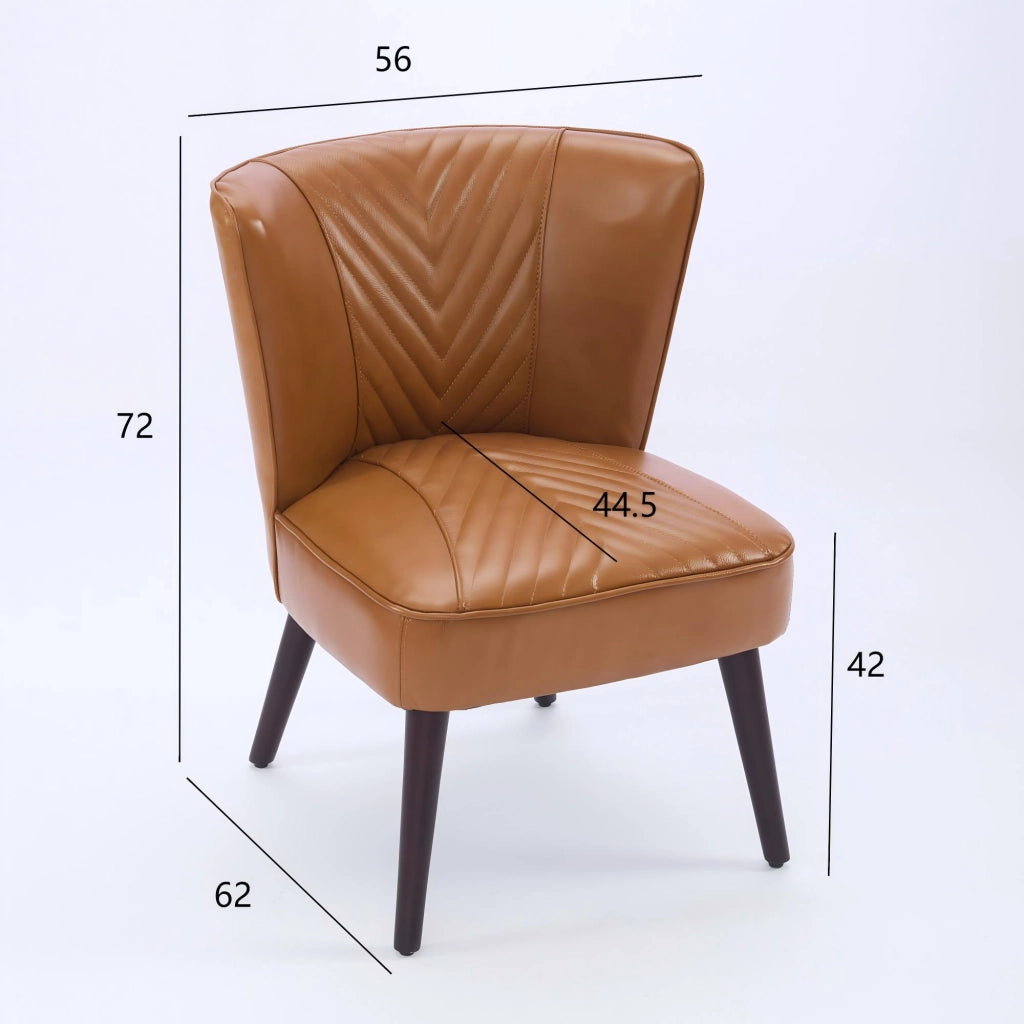 Poltrona lounge in pelle con cuciture diagonali e base in legno, senza braccioli, moderna per interni, marrone chiaro