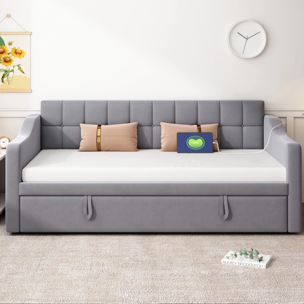 Letto imbottito 90x190 cm grigio in velluto con USB e rete estraibile