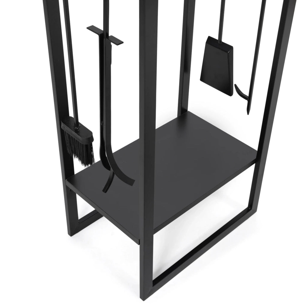 IDMarket - Leñero vertical de acero negro con estante y accesorios H. 170 cm para chimeneas
