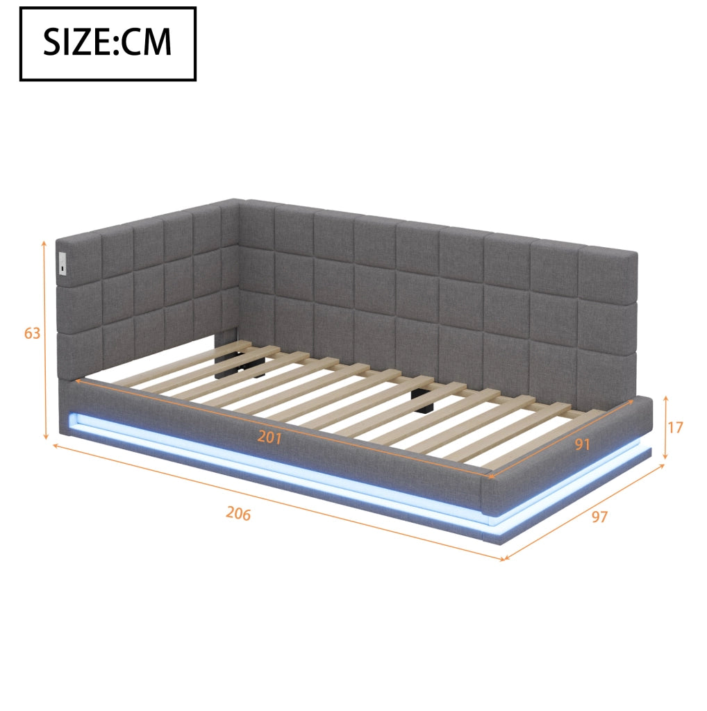 Letto singolo trasformabile 90x200 cm con LED e USB; lino; compensato e MDF; grigio