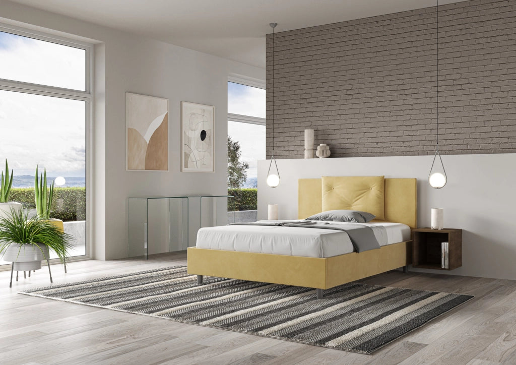 BS COM Letto queen size con rete imbottito 150x210 microfibra ocra