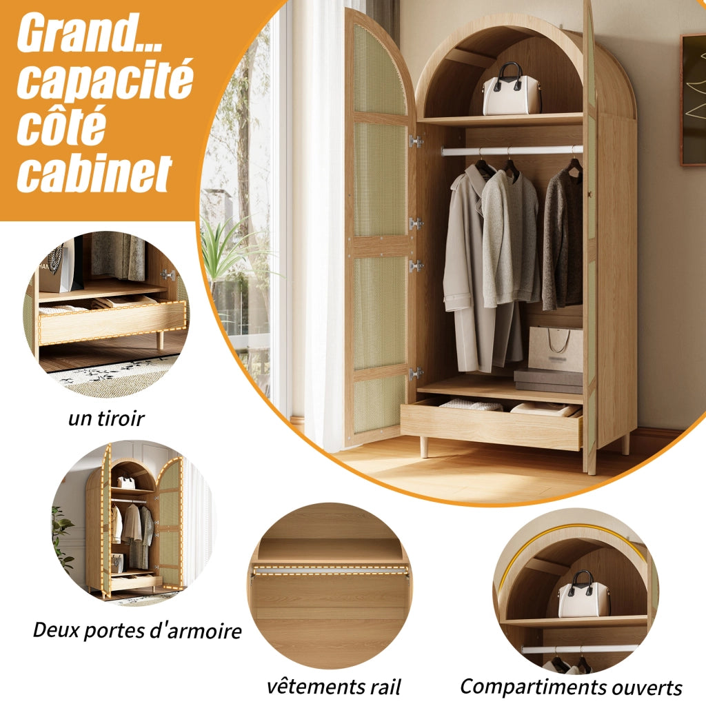 Armadio con ante curve, asta appendiabiti e cassetti, per camera da letto e ingresso, naturale, 80 × 50 × 179 cm