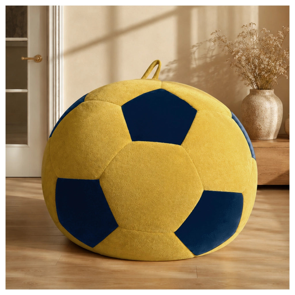 Poltrona pouf rotonda in flanella con imbottitura in schiuma granulare a rimbalzo alto blu e giallo