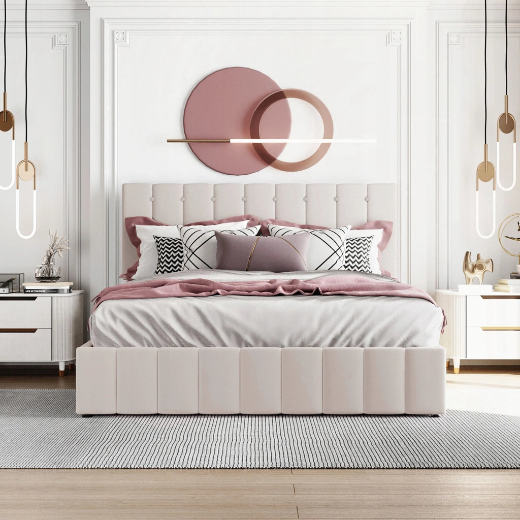 Letto con contenitore 140x200 - Xylo - Testiera regolabile idraulica colore crema