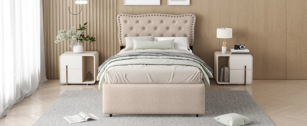 DESMIU Letto singolo 90 × 200 cm con 2 cassetti, testiera regolabile, senza materasso, in MDF e lino, beige