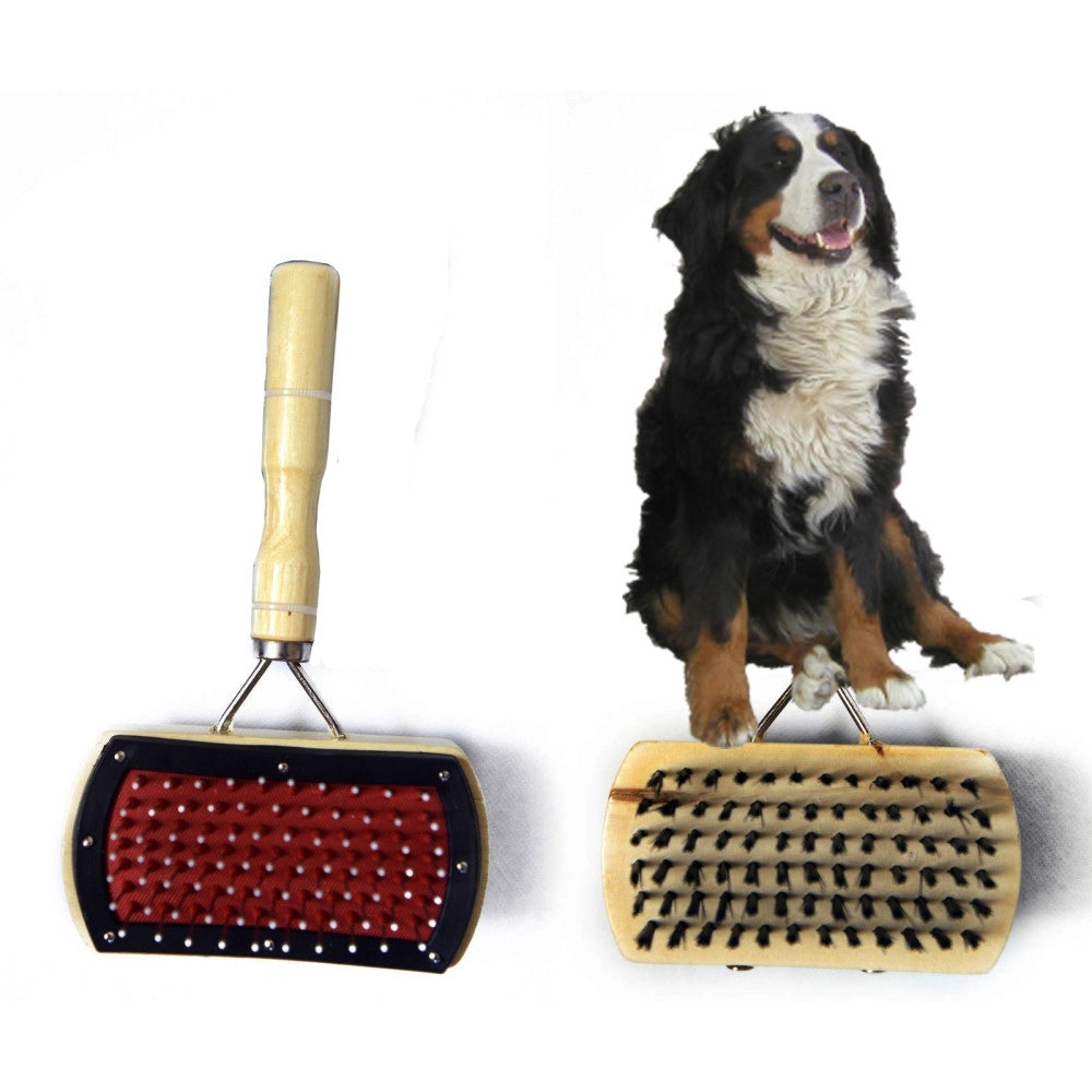 Trade Shop - Cardatore Spazzola Per Pelo Cane Cani Gatto Gatti 2 In 1 Manico In Legno -