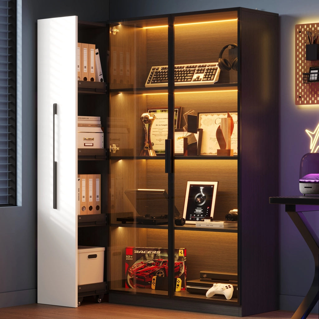 Vetrina multifunzione con LED; vano laterale estraibile; MDF e vetro; nera; 110;5 × 35 × 160 cm