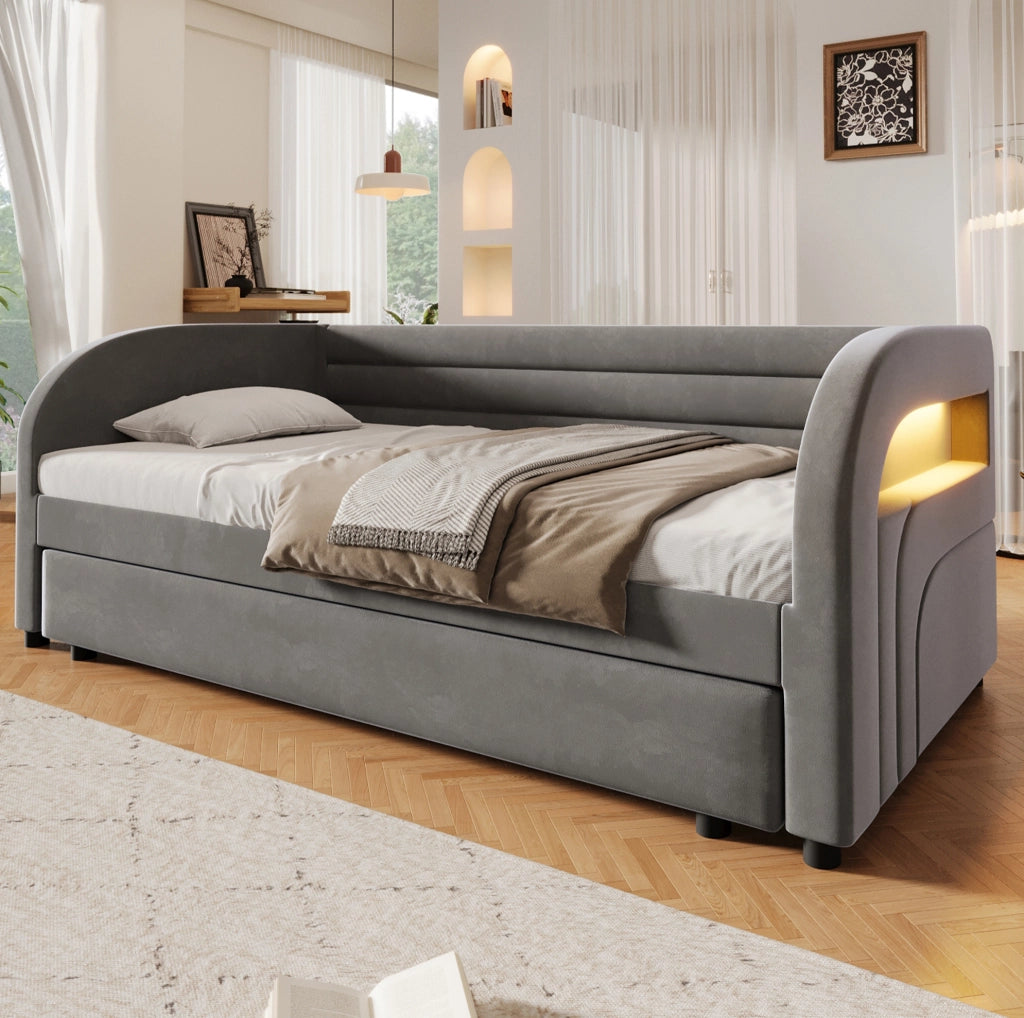 Letto imbottito 90x200 cm con letto estraibile e LED, grigio