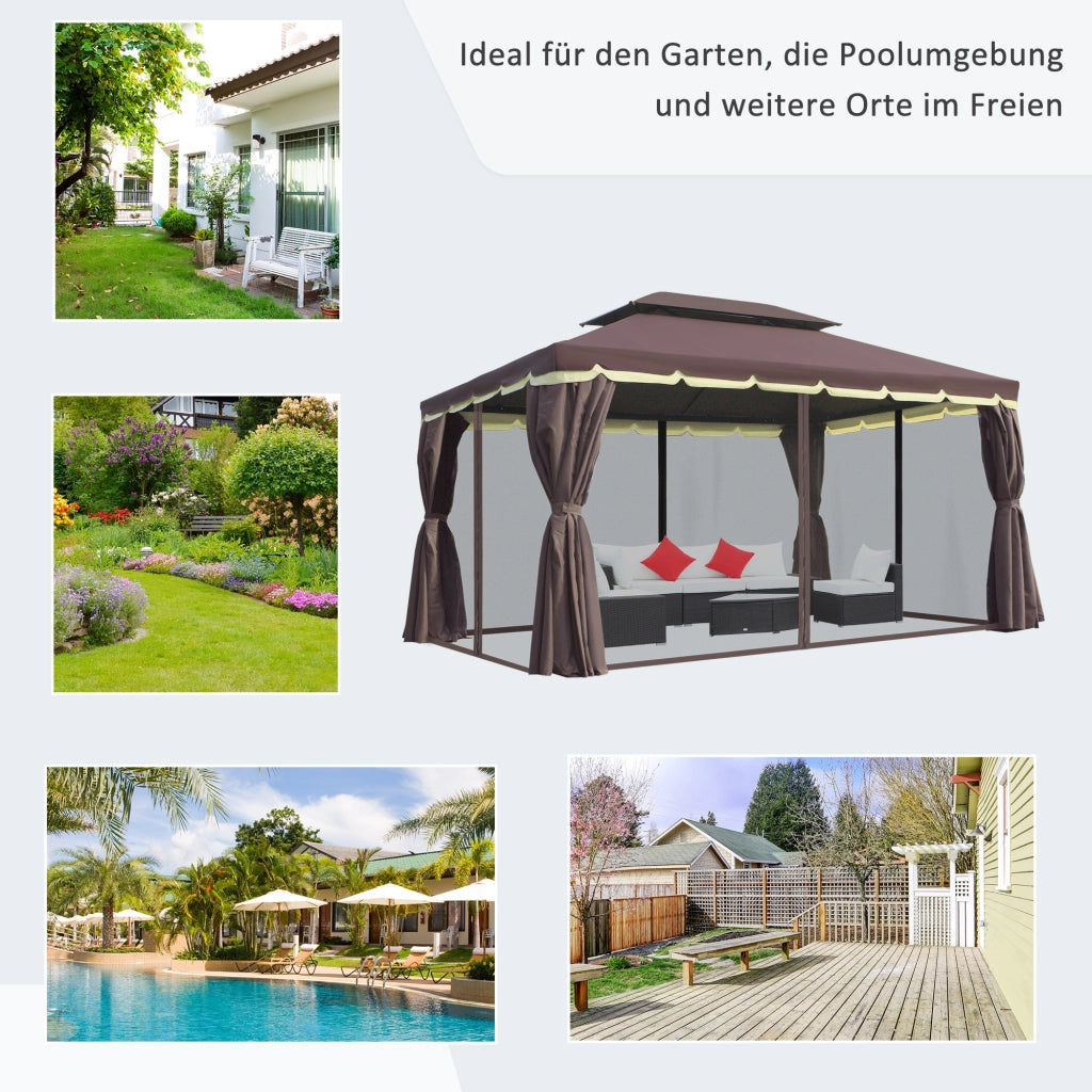 Pavillon da giardino in alluminio e policarbonato con tende e zanzariera coffee 195 × 390 × 290 cm