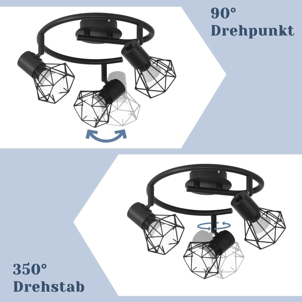 ZMH Faretto da soffitto 3 lampade E14 rotondi industriali retrò girevoli per camera letto