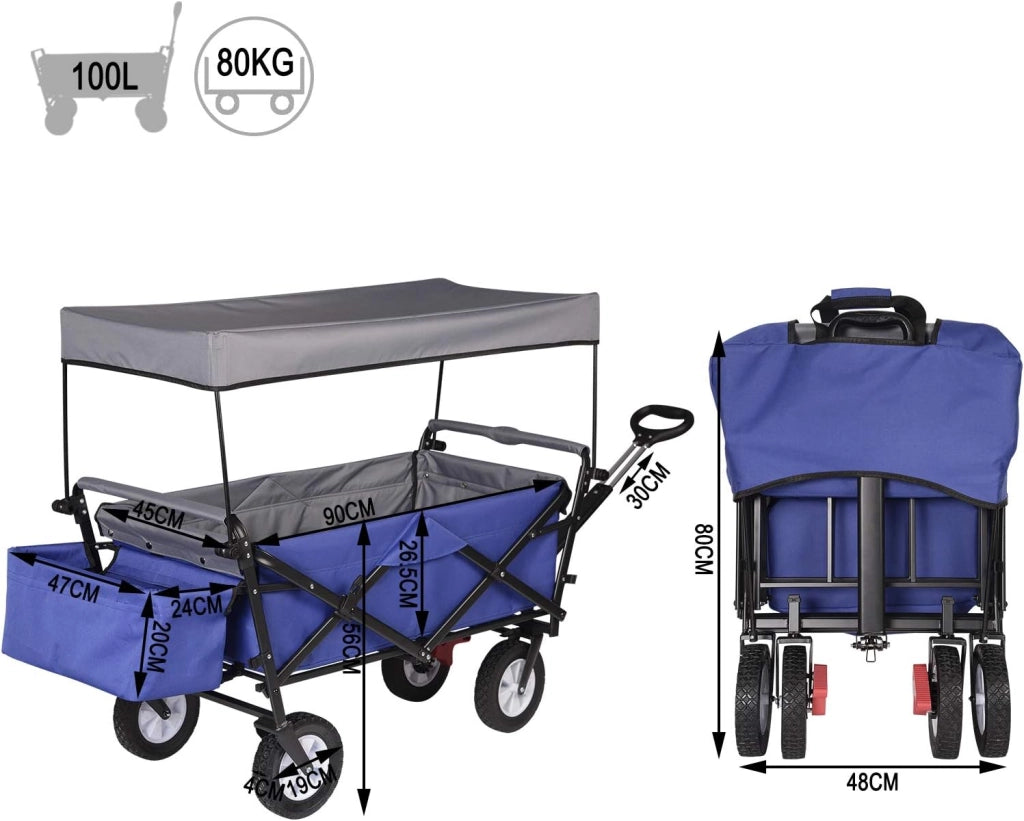 Carrello da Giardino Pieghevole con Tetto Carrello da Trasporto a Mano Rimorchio con 4 Ruote Portata 80 kg, Blu