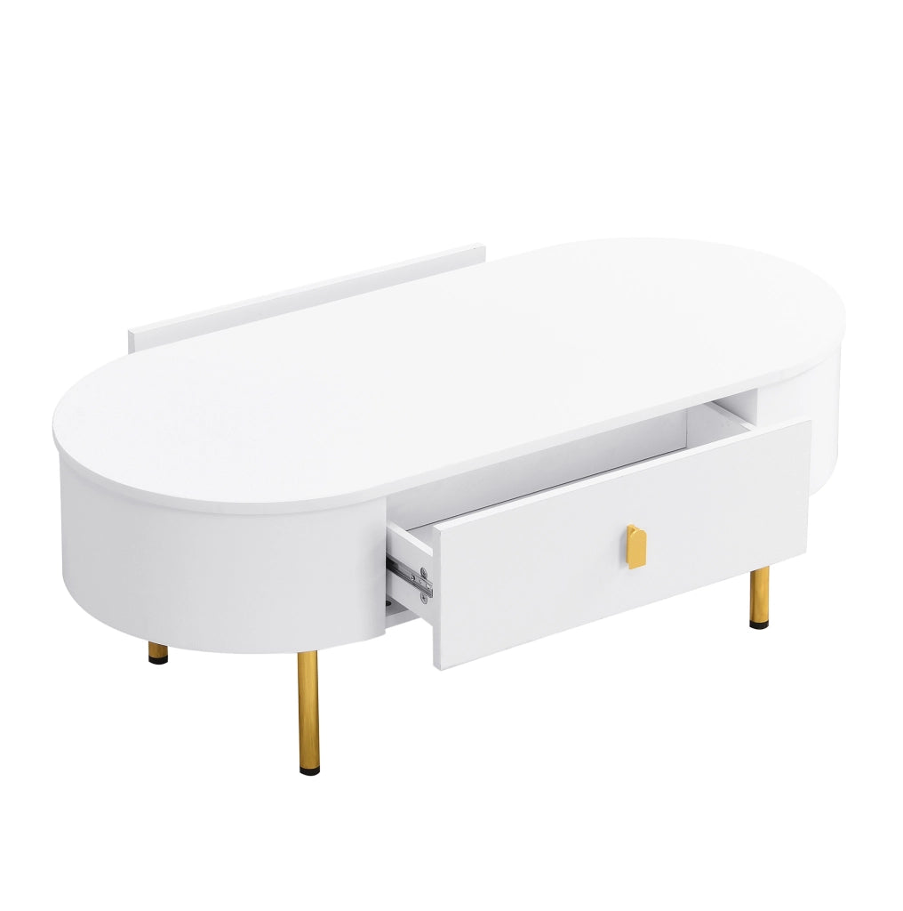 Tavolino da salotto 108x50x40 cm con 2 cassetti; MDF bianco e oro
