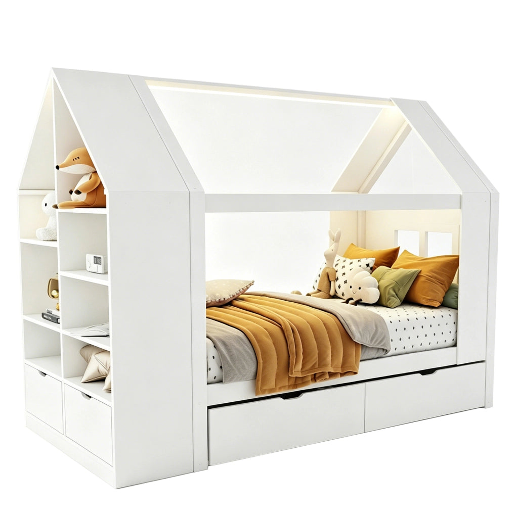 Letto per bambini a forma di casa 90x200 cm con cassetti, LED e vano contenitivo