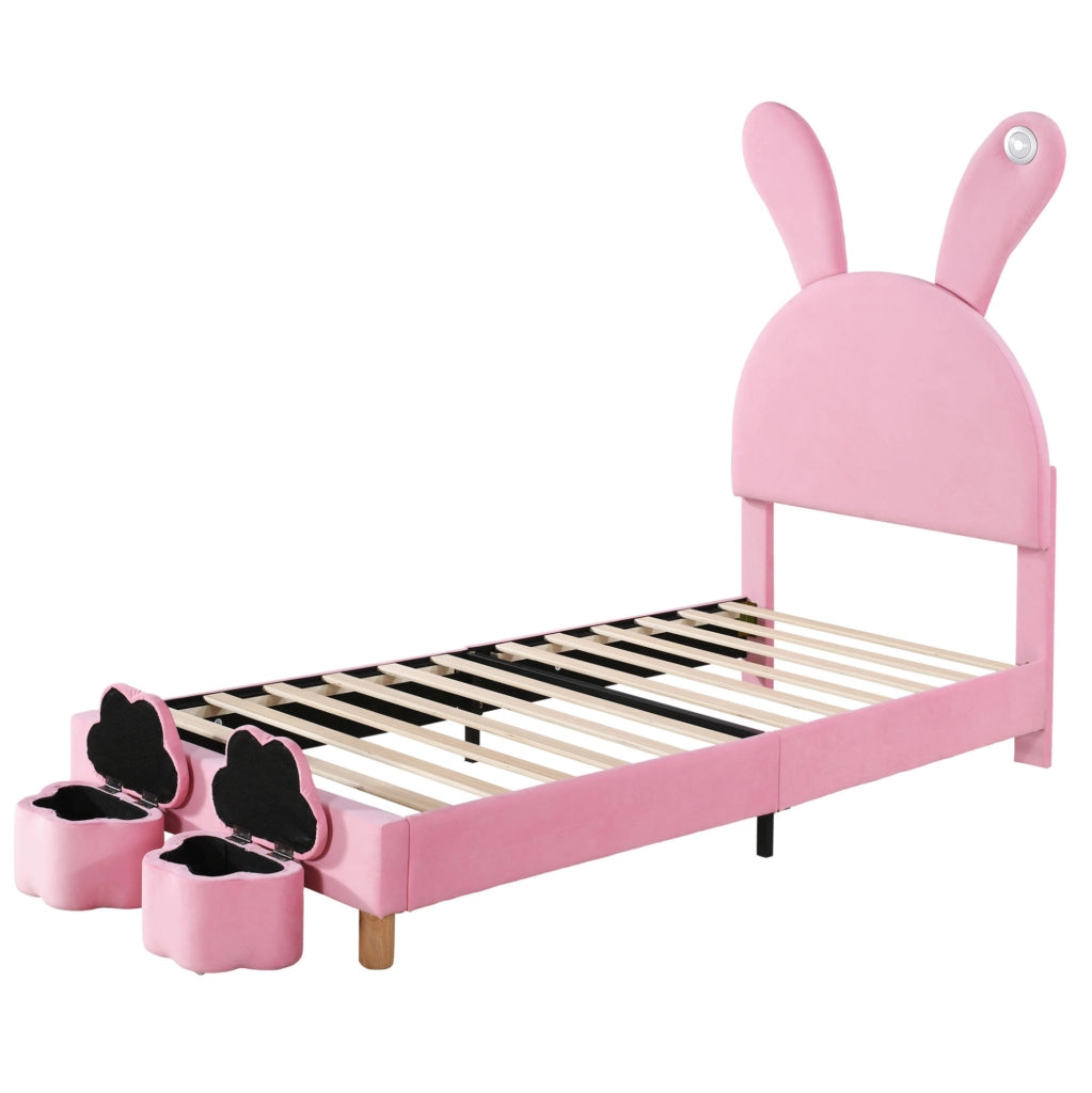Letto imbottito 90x200 cm; con 2 panche contenitore e LED; velluto; rosa (Senza materasso)