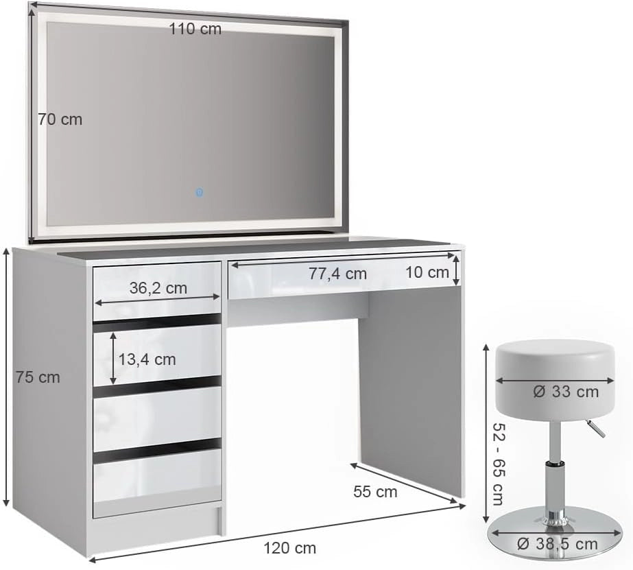 Vicco Tavolo da toeletta Sherry, Bianco, 120 cm con specchio LED e sgabello, con illuminazione LED e sgabello imbottito