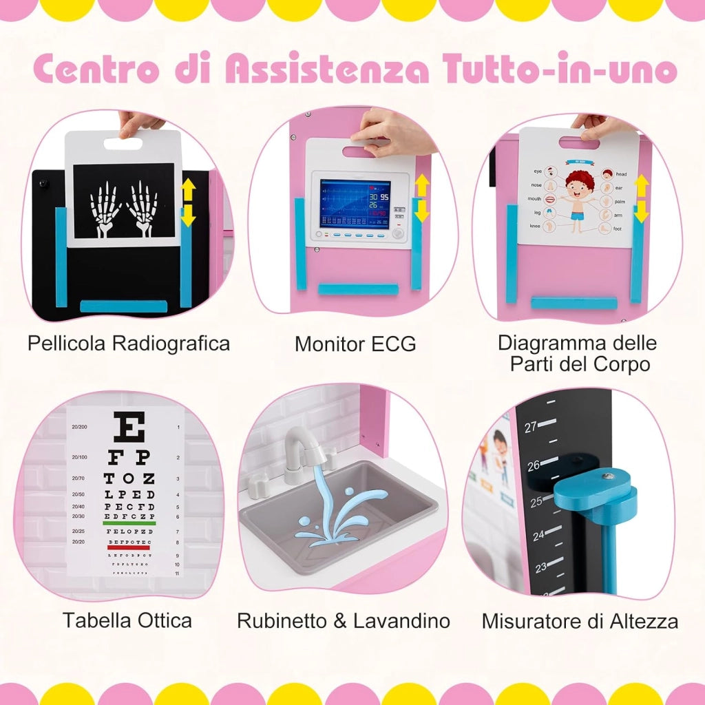 Set Gioco Dottore per Bambini, Gioco di Ruolo Medico in Legno con Stetoscopio, Radiografie, Monitor ECG, Tabella Oculistica e 29 Accessori, Medico Giocattolo per Bambini 3+ Anni (Rosa)