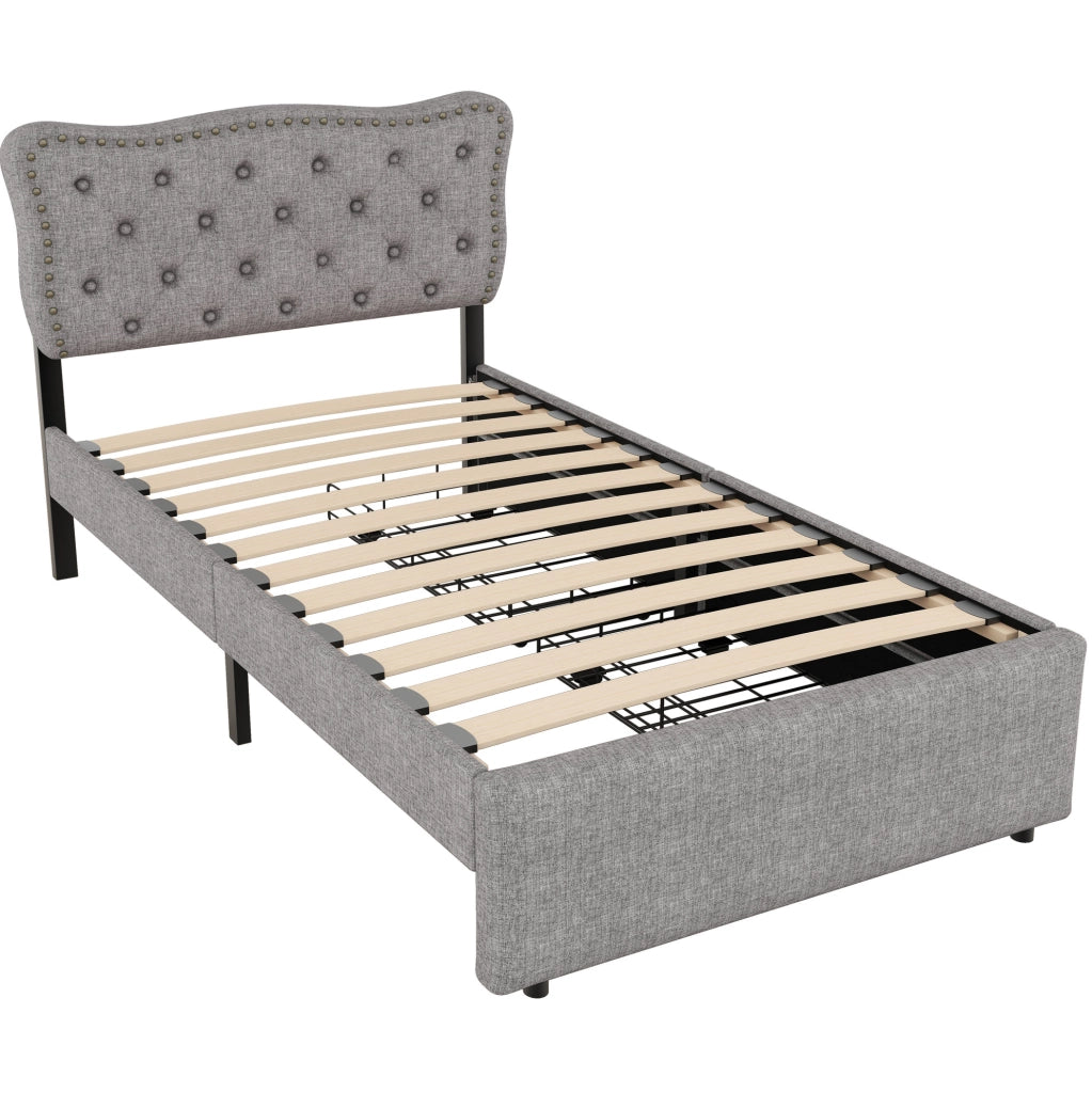 Letto imbottito 90x200 cm in MDF e tessuto in lino grigio con 2 cassetti e borchie decorative