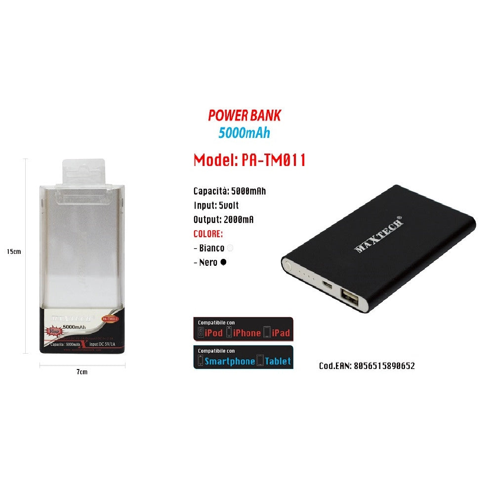 Trade Shop - Power Bank Caricabatterie Portatile Usb 5000mah Per Smartphone Batteria Esterna Maxtech Pa-tm011 -