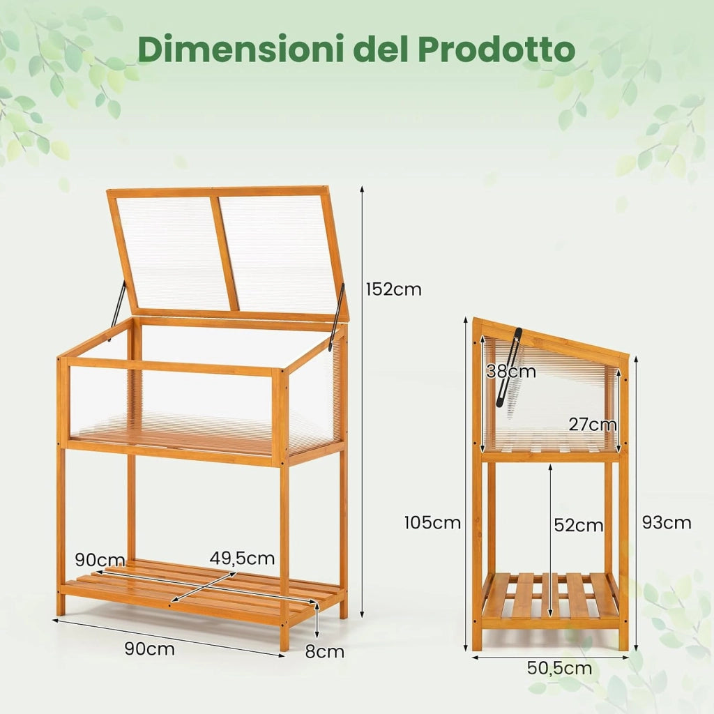 Mini Serra in Legno con Tetto Trasparente Apribile e Mensola a Doghe, Mini Serra Salvaspazio da Interno ed Esterno per Giardino, Veranda e Balcone, 90 x 50,5 x 105 cm