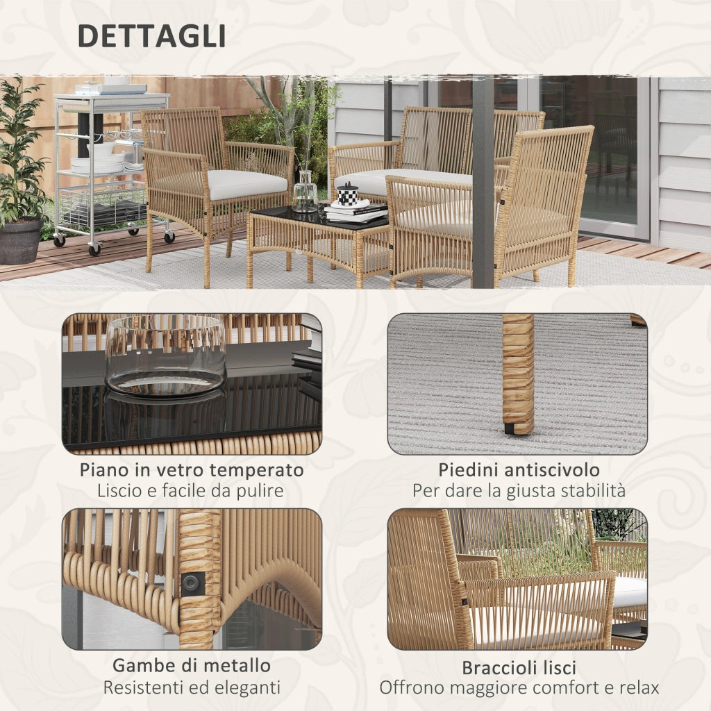 Set da Giardino in Rattan da 4 Pezzi con 2 Poltroncine, Divano e Tavolino da Caff¨¨, Naturale e Nero