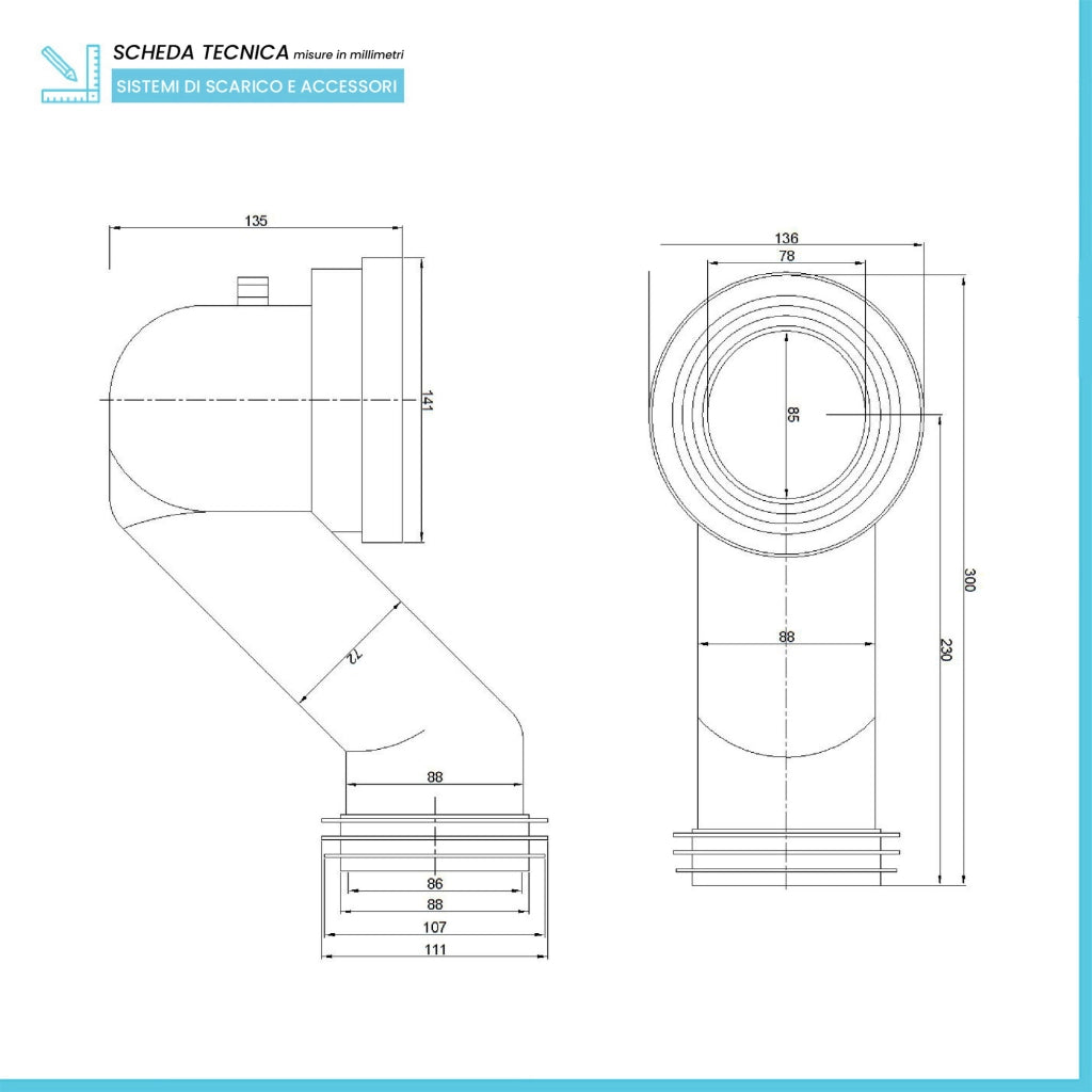Curva tecnica traslata sottovaso in materiale plastico speciale con uscita diametro da 90 a 110 mm