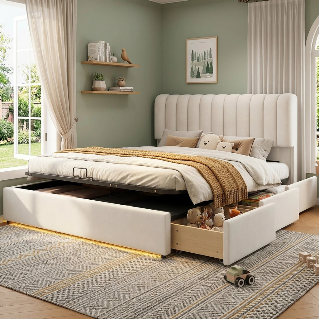 Letto con Cassetti 140x200 cm con Contenitore; 3 Cassetti e LED - in Velluto - Beige