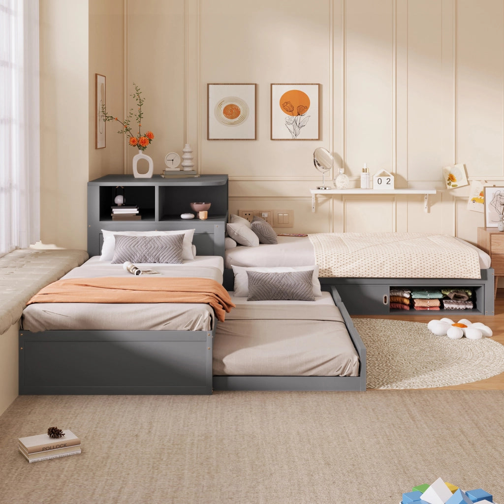 Letto combinato 90 × 200 cm con letto estraibile, contenitore con ante scorrevoli e luce LED, senza materasso, in pino, grigio