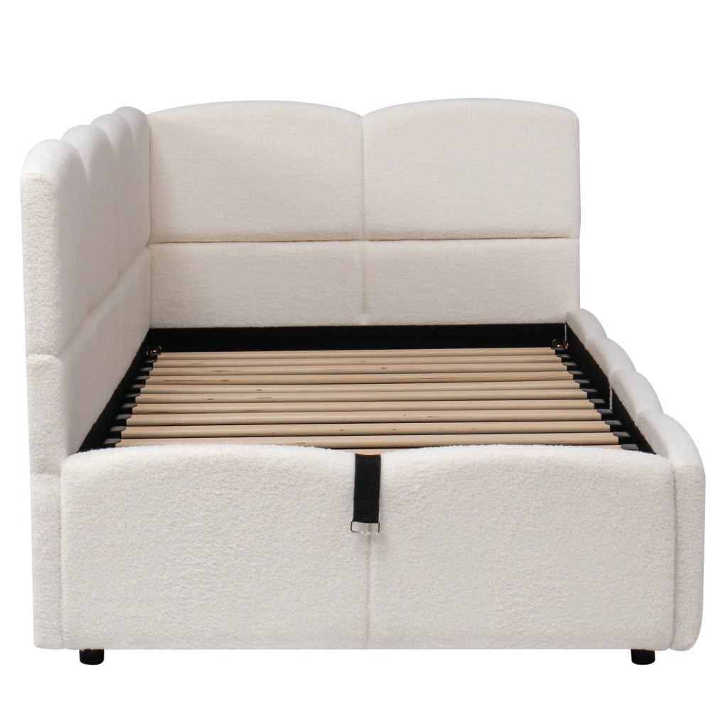 Letto singolo imbottito 90x200 cm in bouclé beige con contenitore idraulico, porte USB-A/USB-C e tasche laterali