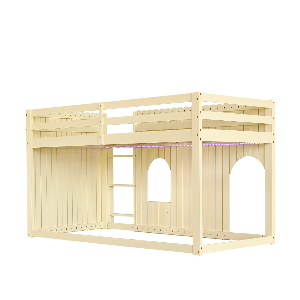 Letto a soppalco 90x200 cm con LED e scala a 3 gradini in legno e MDF naturale