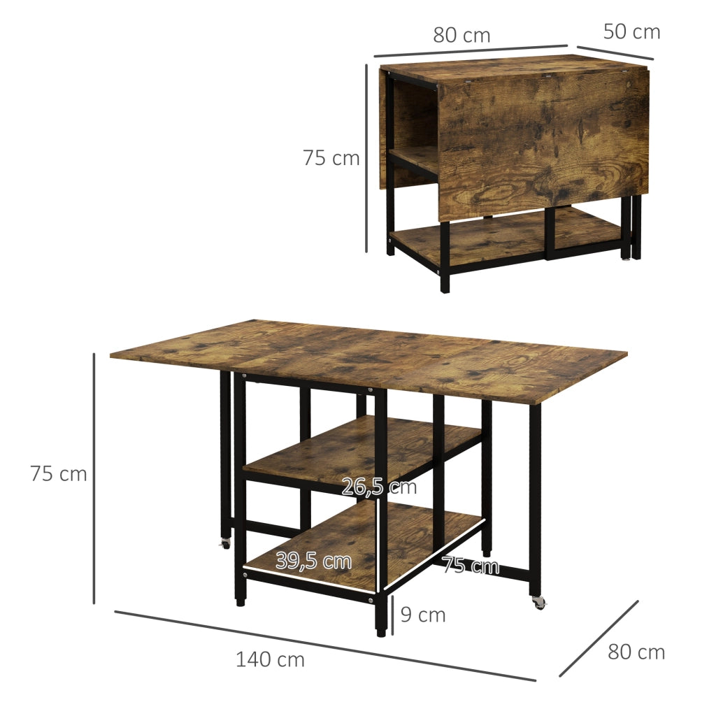 Tavolo da pranzo pieghevole con ruote e 2 ripiani 140x80 cm marrone