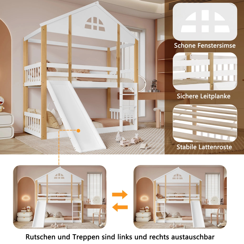 DESMIU Letto a castello 90 × 200 cm 2 posti con scivolo e scala, senza materasso, in legno massello e MDF, bianco e naturale