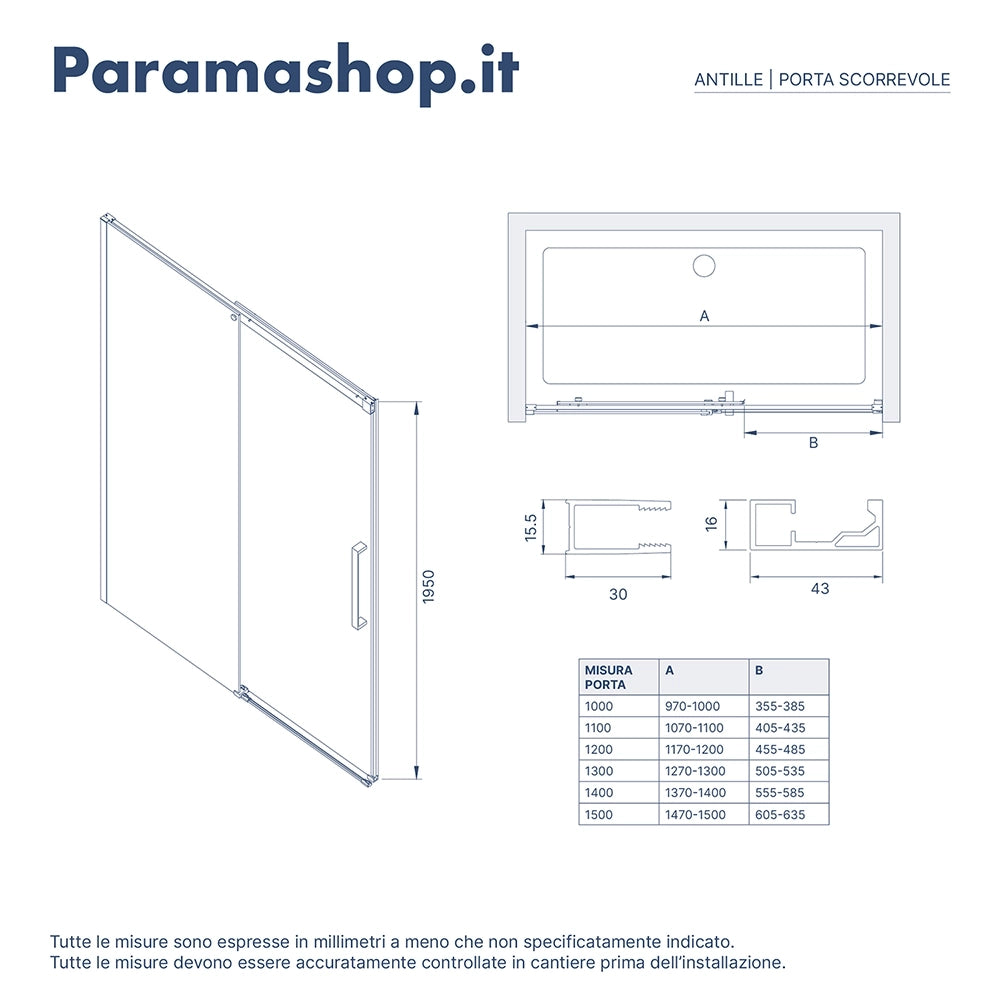 Porta doccia 150cm apertura scorrevole profili cromo vetro 8mm h195 | Antille