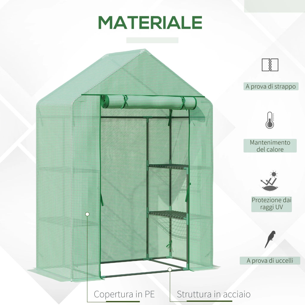 EasyComfort Serra da Giardino in Acciaio e Plastica PE con 4 Ripiani, Funi e Picchetti, 141x72x191 cm, Verde