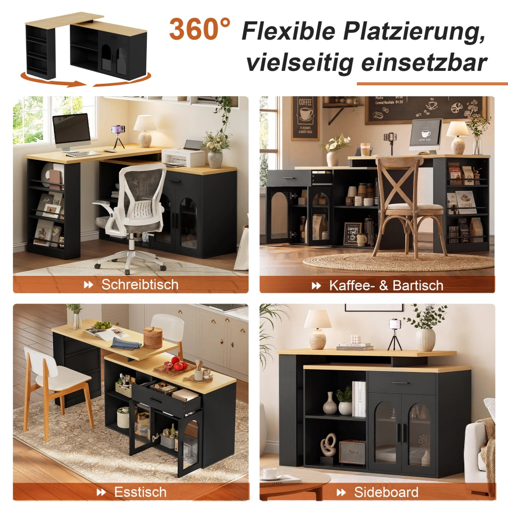 ISOLA CUCINA girevole 136x50x78 cm MDF Nero e Naturale con cassetto e ripiani