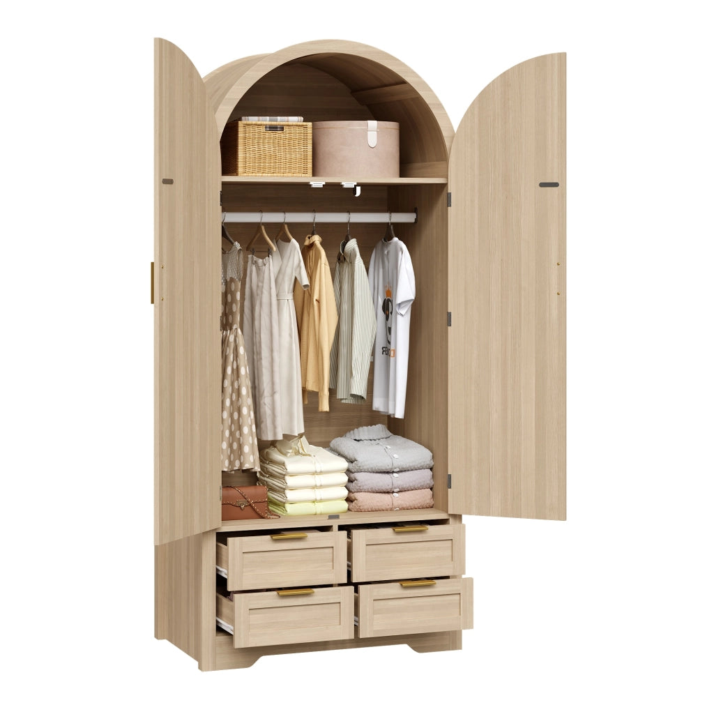 Armadio con ante curve, bastone appendiabiti e cassetti, in MDF rovere, per camera da letto e ingresso, 80 × 50 × 179 cm