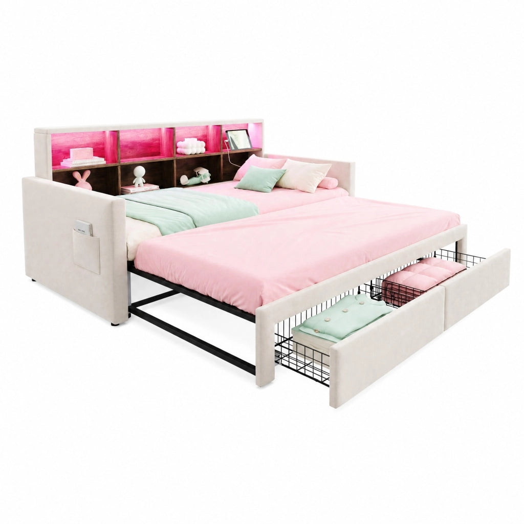 Letto imbottito estraibile 90x190 cm in velluto beige con testiera contenitore, luci LED, prese USB/Type-C, 2 cassetti e rete a doghe