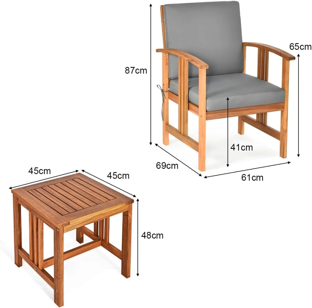 Set di Mobili da Giardino, Sedie Imbottiti in Legno con Cuscini e Tavolino da Caffè, Set da Mobili da Esterno per Cortile, Bordo Piscina e Balcone
