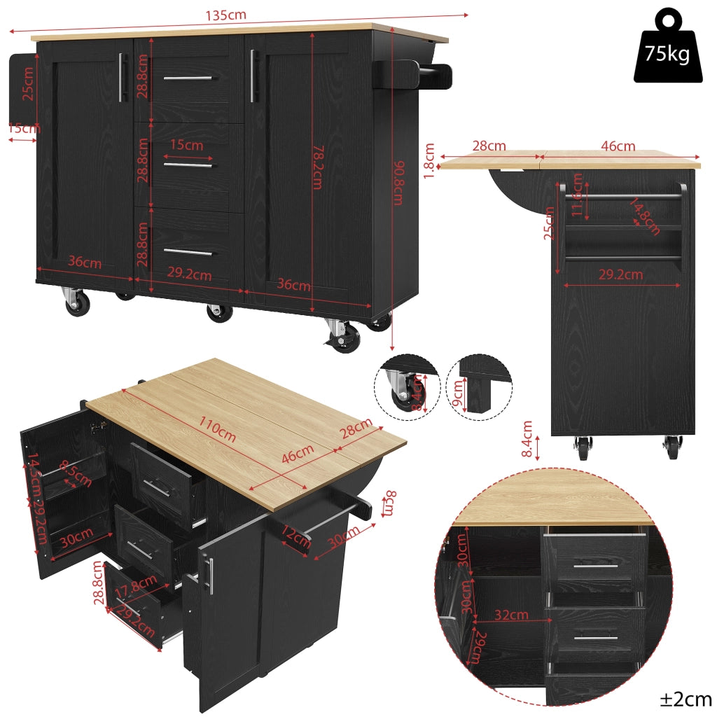 OKWISH Carrello da Cucina con 3 Cassetti, Piani Ribaltabili e Portaasciugamani, Ruote Rimovibili, Nero