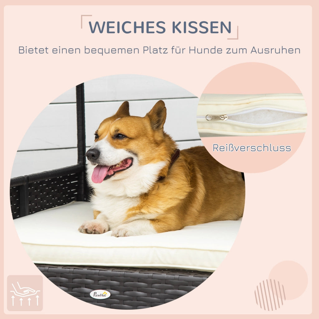 Cuccia rialzata in rattan per cani con tetto e cuscino 98x69x73 cm