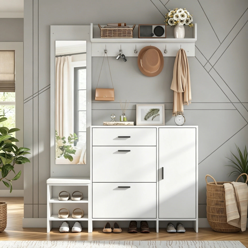 Garderobiera multifunzionale da ingresso con scarpiera, specchio e ganci, 140x30x200 cm, bianco