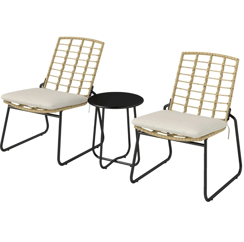 Set di mobili da giardino in rattan 3 pezzi con 2 sedie impilabili e tavolo, per balcone e terrazza, beige e marrone