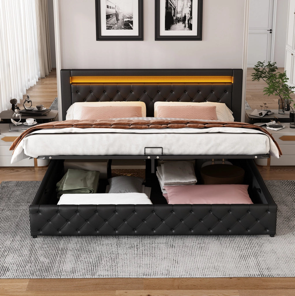 Letto matrimoniale imbottito con contenitore 180x200 cm in PU nero; con LED e rete a doghe