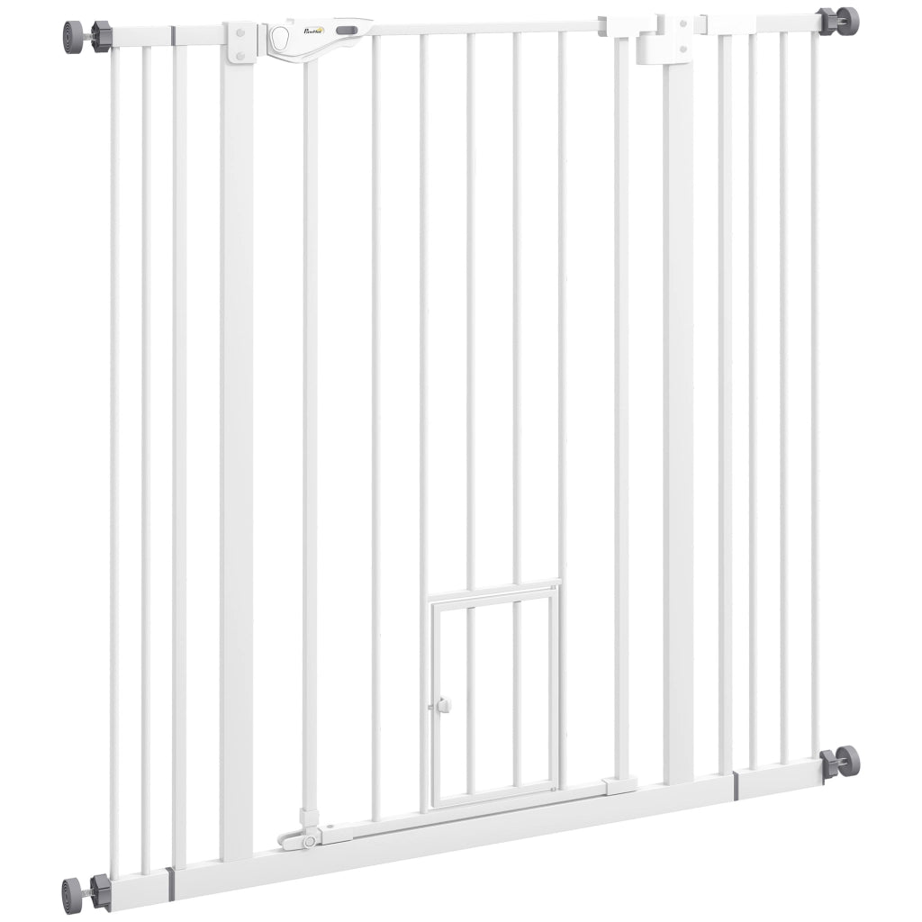 Cancellino per Cani Regolabile 74-101x104 cm con Porta Piccola e Chiusura Automatica in Acciaio Bianco