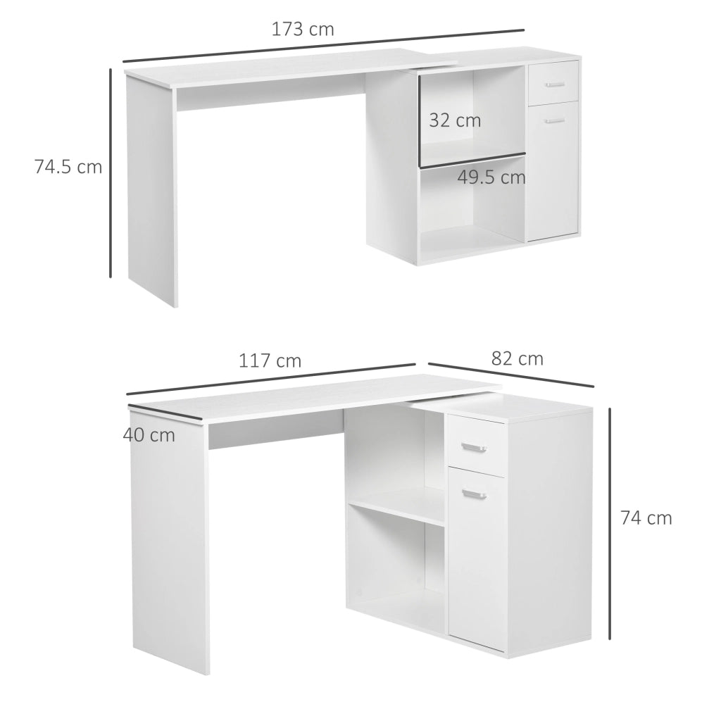 Scrivania Angolare con Libreria Scaffale in Legno Bianco, Tavolo da Pranzo con Rotazione a 360¡ã, 173x39.8x74 cm