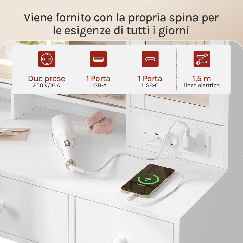 WOLTU Toeletta con Cassetti per Gioielli e Grande Specchio, Sedia da Make Up, Seduta Imbottita, Specchio a Luce LED Regolabile, Tavolo da Trucco con Prese, Cassetti e Ripiani, Bianco